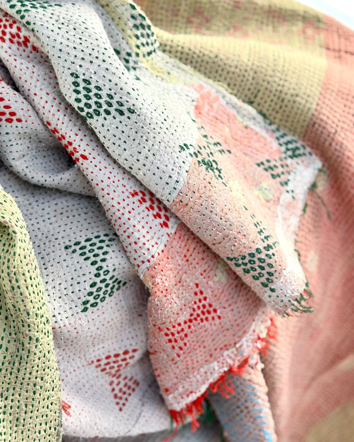 Embroidered Vintage Kantha Quilt in Peachy Pink, Yellow and White - Biggs & Hill