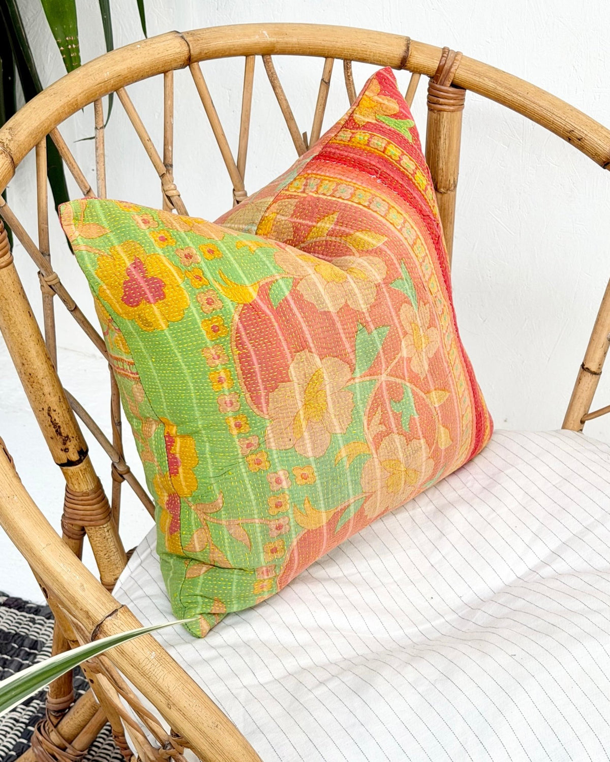 Handmade Reversible Vintage Kantha Cushion Cover In Green and Yellow - 45cm (18") - Biggs & Hill
