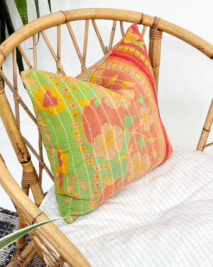 Handmade Reversible Vintage Kantha Cushion Cover In Green and Yellow - 45cm (18") - Biggs & Hill
