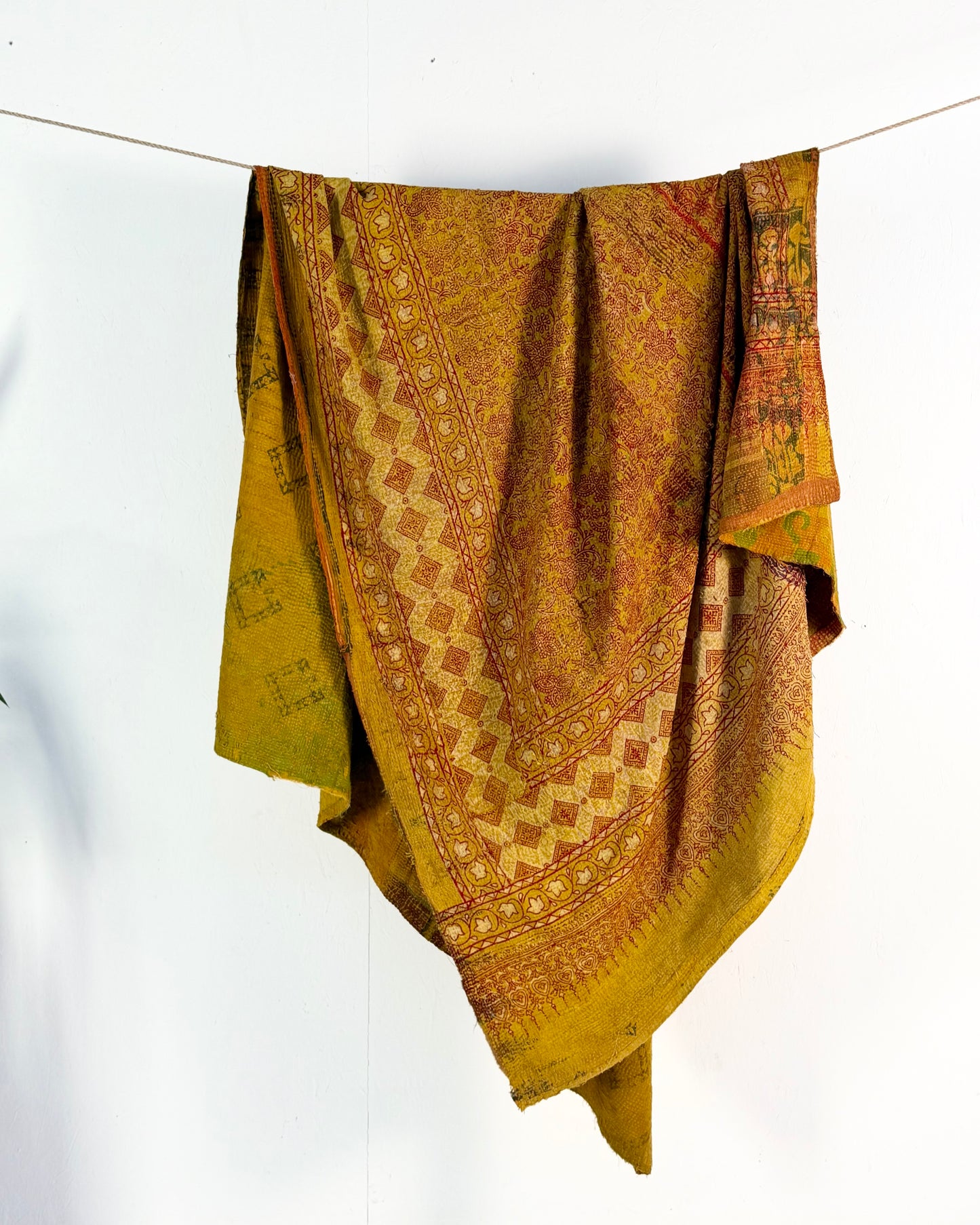 Extra Large Ajrakh Printed Vintage Kantha Quilt In Green-Gold