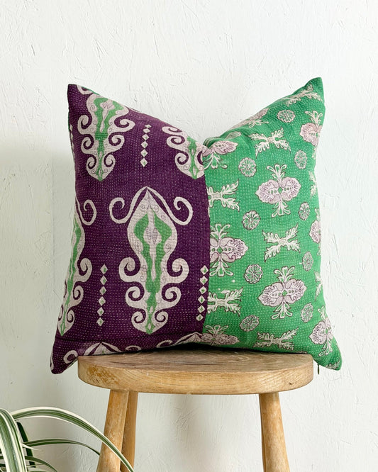 Handmade Vintage Kantha Cushion Cover In Green and Purple - 45cm (18") Square - Biggs & Hill