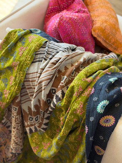 Extra Large Fine Stitched Vintage Kantha Quilt in Vibrant Green and Blue