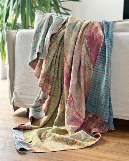Large Textured Vintage Kantha Quilt In Soft Yellow, Green, Pink and Blue - Biggs & Hill