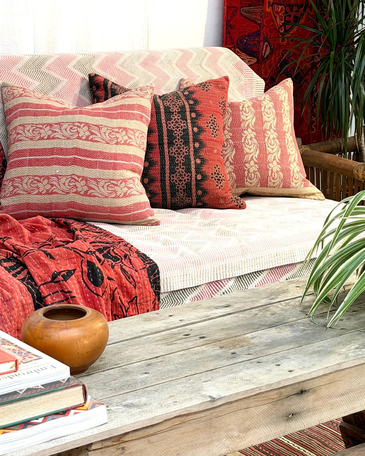 Handmade Reversible Vintage Kantha Cushion Cover In Red and Black - 45cm (18") - Biggs & Hill