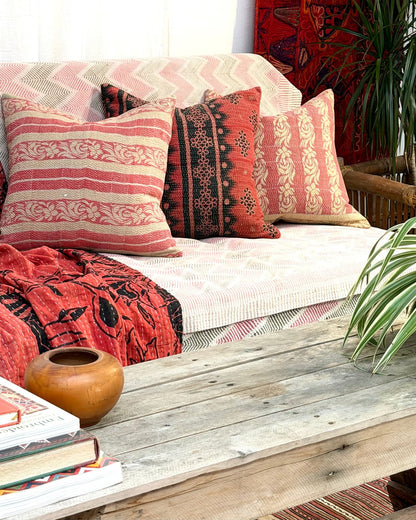 Handmade Reversible Vintage Kantha Cushion Cover In Red and Black - 45cm (18") - Biggs & Hill