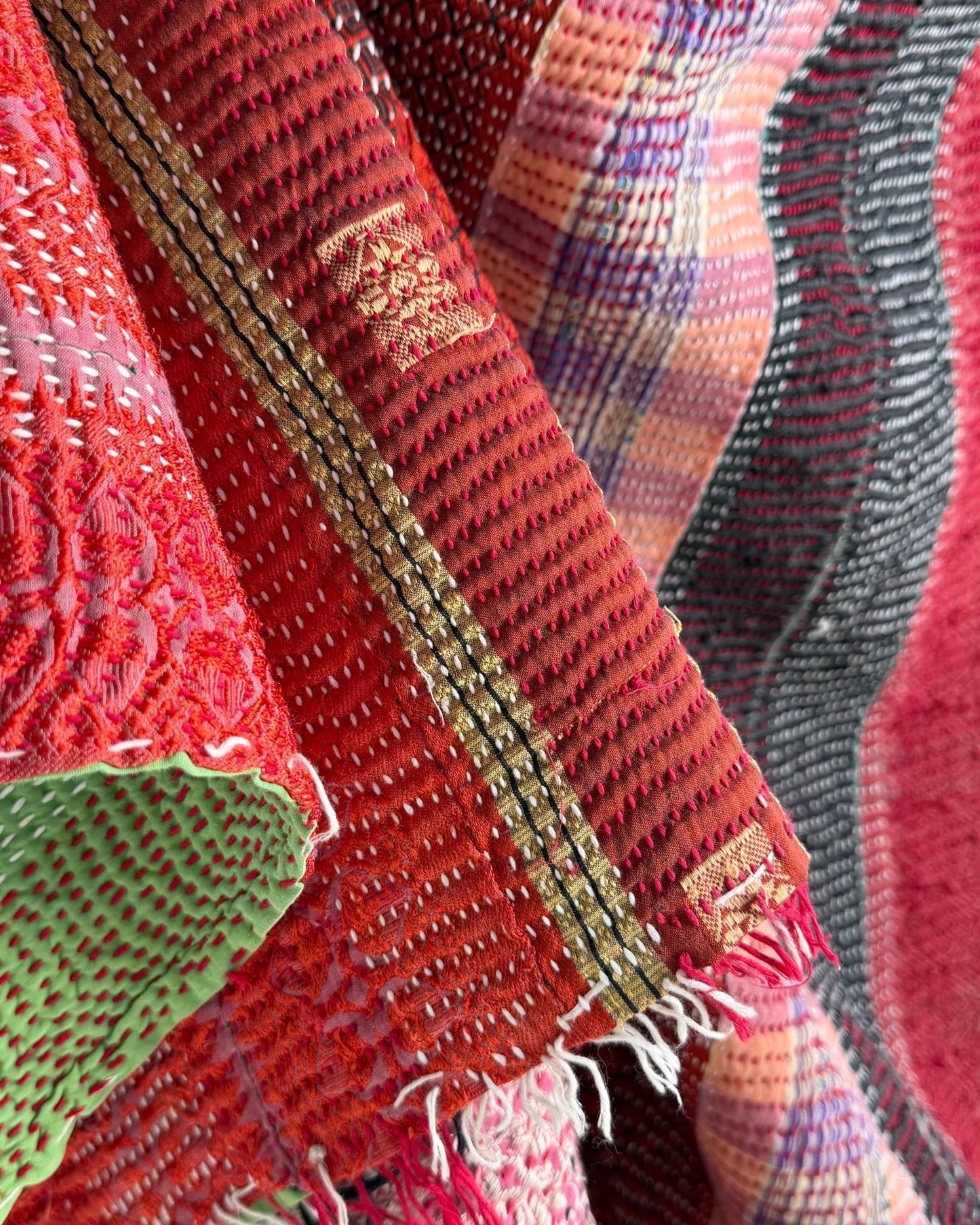 Heavy Kantha Blanket Quilt With Red Stripes And Green Back - Biggs & Hill