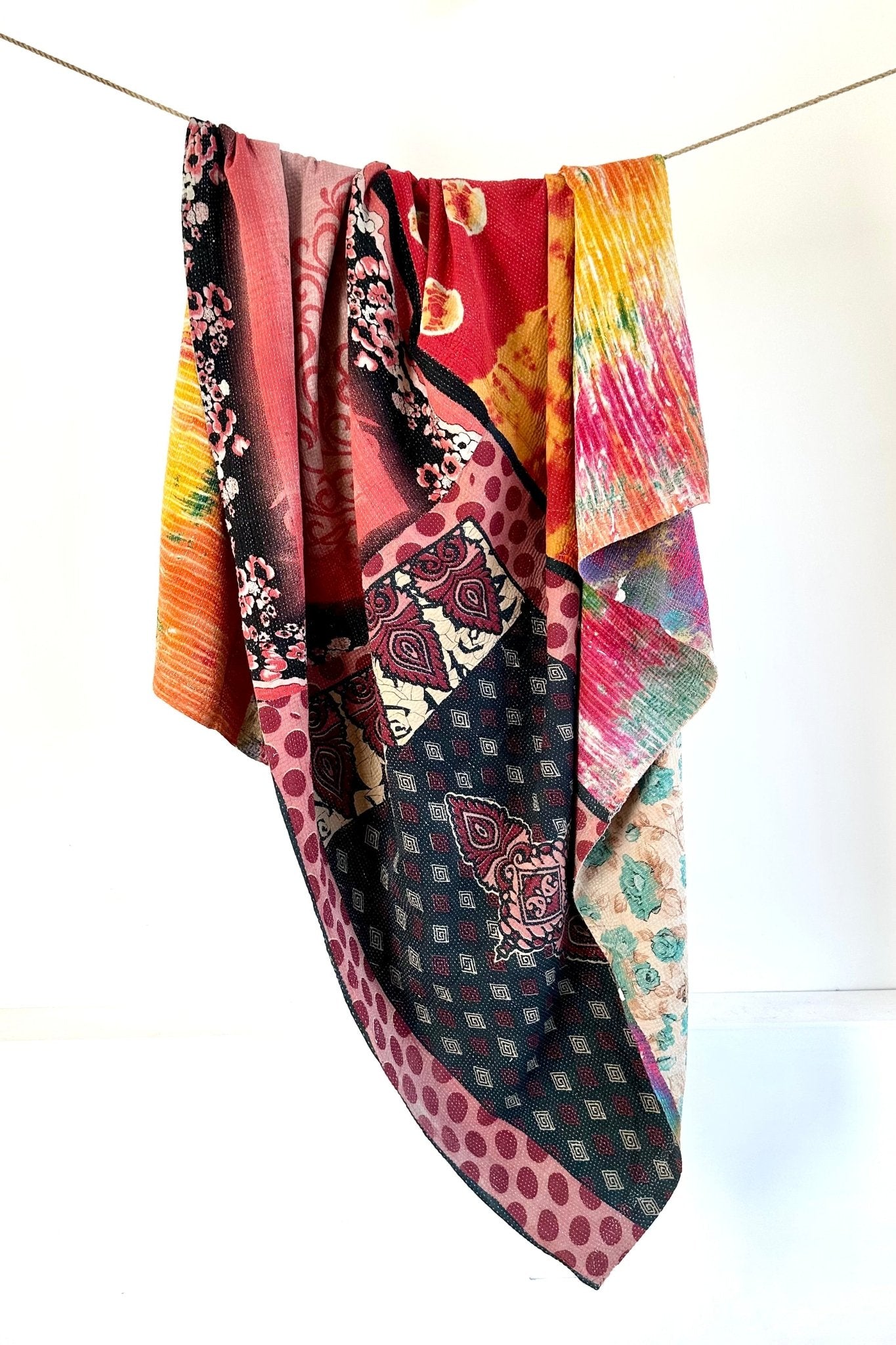 Fine Stitched Embroidered Vintage Kantha Quilt in Multicolour Print - Biggs & Hill