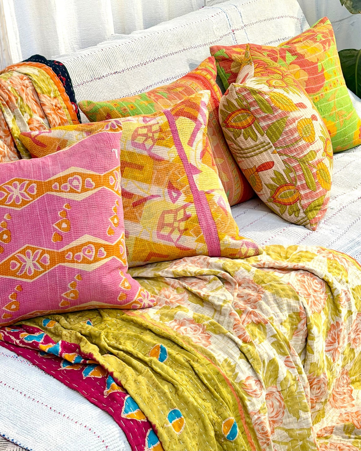 Handmade Vintage Kantha Cushion Cover In Retro Floral - 45cm (18") - Biggs & Hill