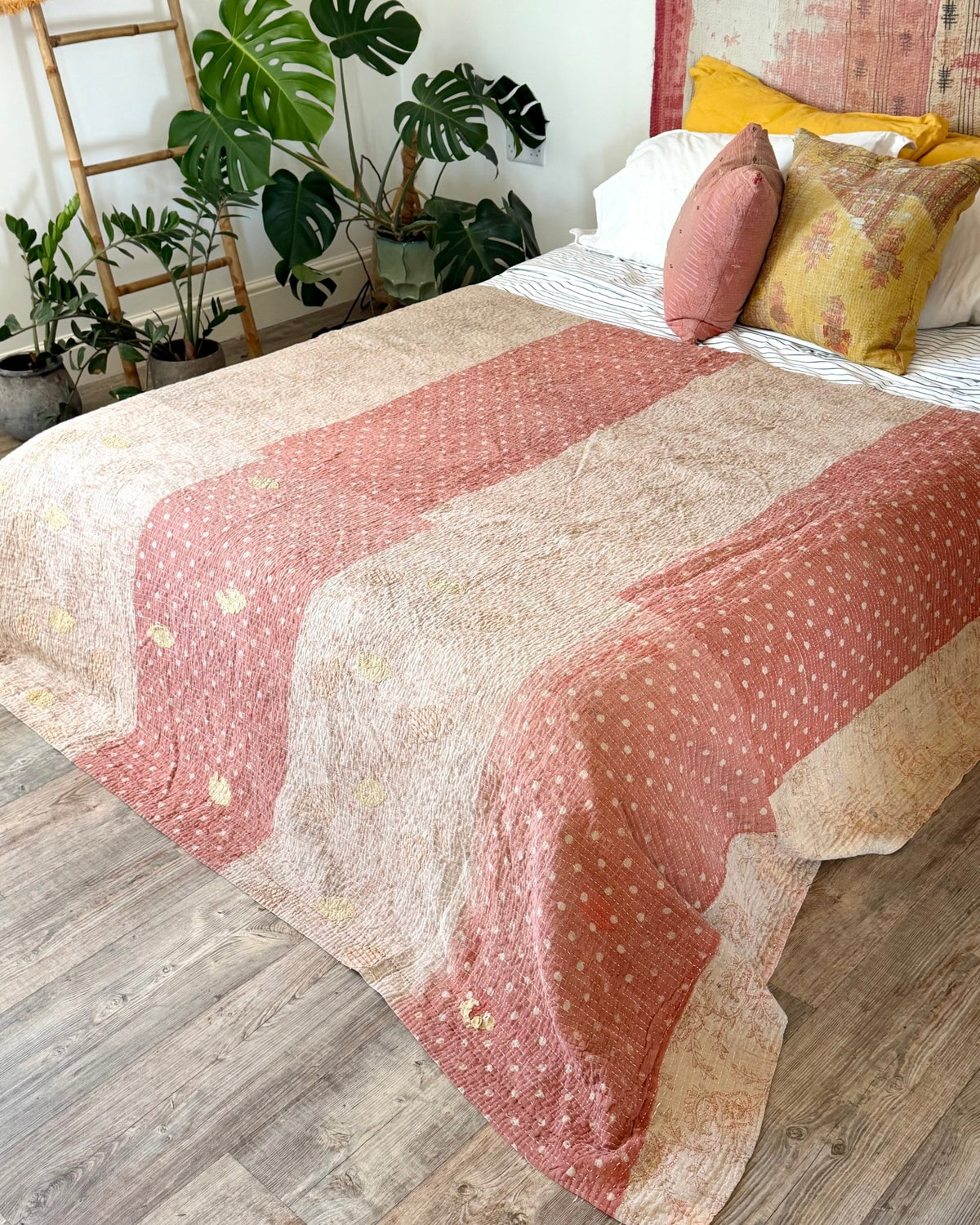 Large Fine Stitched Vintage Kantha Quilt in Soft Green and Brown - FIRST picture - Biggs & Hill