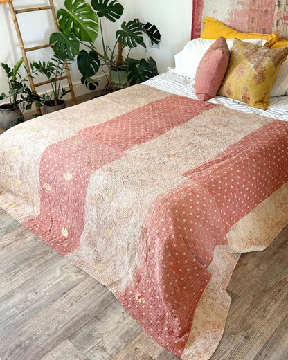 Large Fine Stitched Vintage Kantha Quilt in Soft Green and Brown - FIRST picture - Biggs & Hill