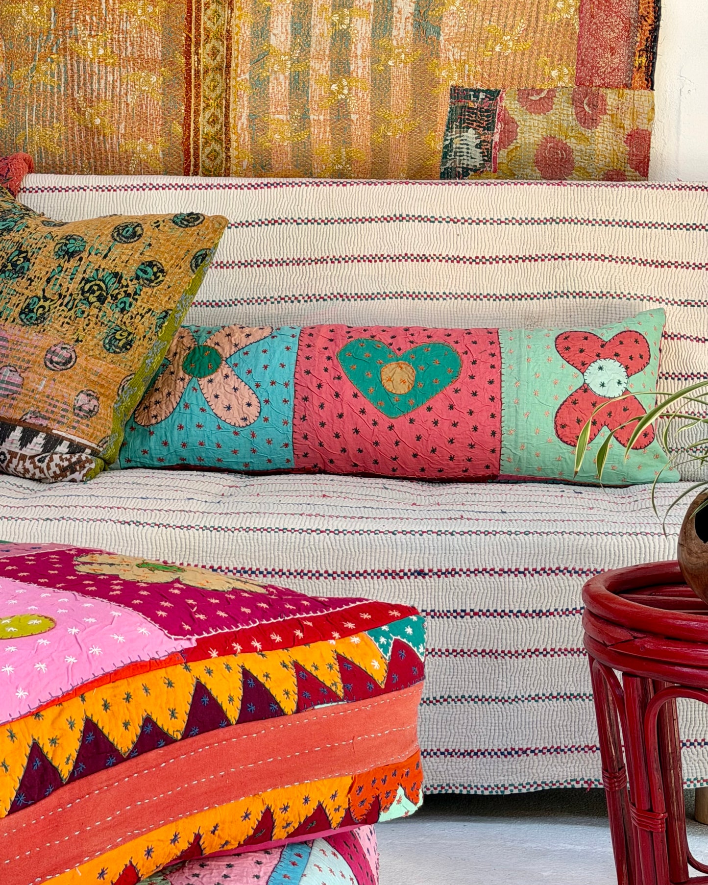 Vintage Kantha Bolster Cushion Cover In Flower Patchwork - 80cm