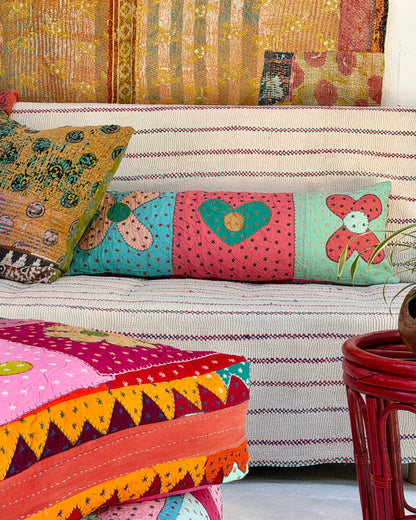 Vintage Kantha Bolster Cushion Cover In Flower Patchwork - 80cm