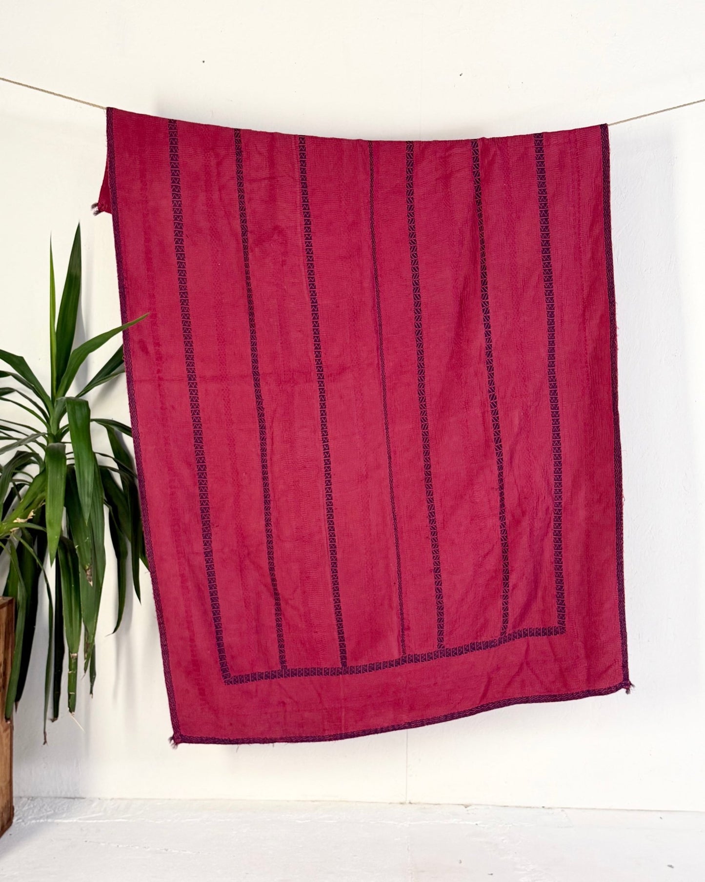 Fine Stitched Embroidered Vintage Kantha Quilt in Deep Plum Red - Biggs & Hill