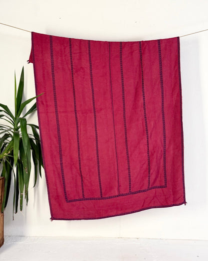 Fine Stitched Embroidered Vintage Kantha Quilt in Deep Plum Red - Biggs & Hill