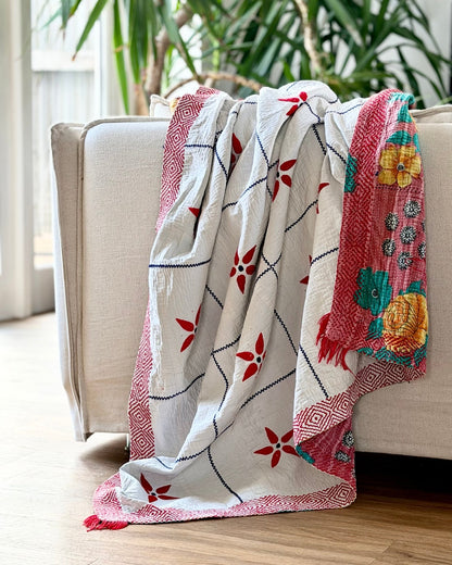 Large Embroidered Vintage Kantha Quilt in White With Red Flower Pattern - Biggs & Hill
