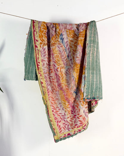 Textured Vintage Kantha Quilt In Pink and Yellow