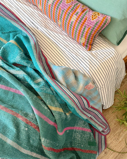 Extra Large Heavy Embroidered Vintage Kantha Quilt in Green and Blue