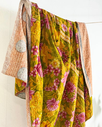 Large Fine Stitched Vintage Kantha Quilt in Bold Pink and Yellow Floral - Biggs & Hill