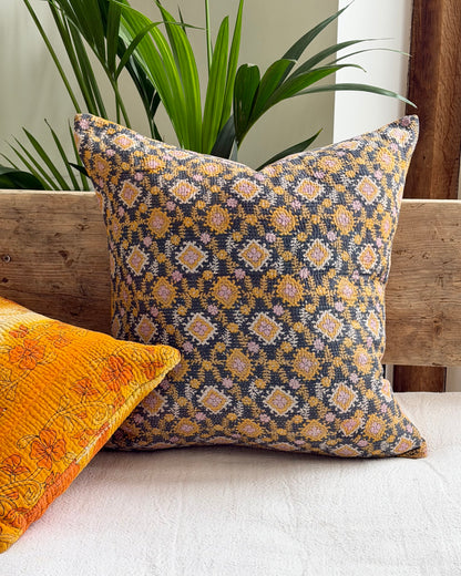 Vintage Kantha Cushion In Yellow and Blue - 45cm Square