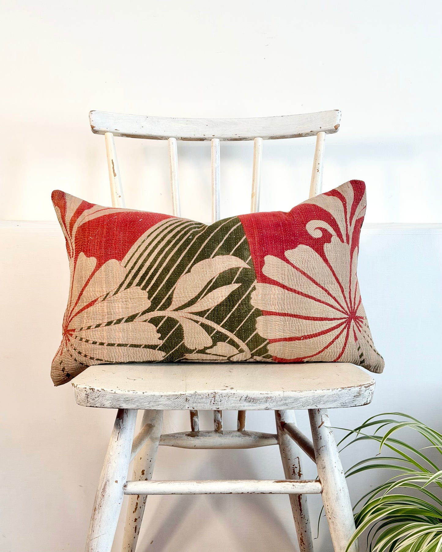 Vintage Kantha Cushion In Forest Green and Pink - Small Rectangular