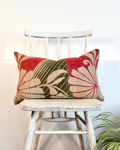 Vintage Kantha Cushion In Forest Green and Pink - Small Rectangular