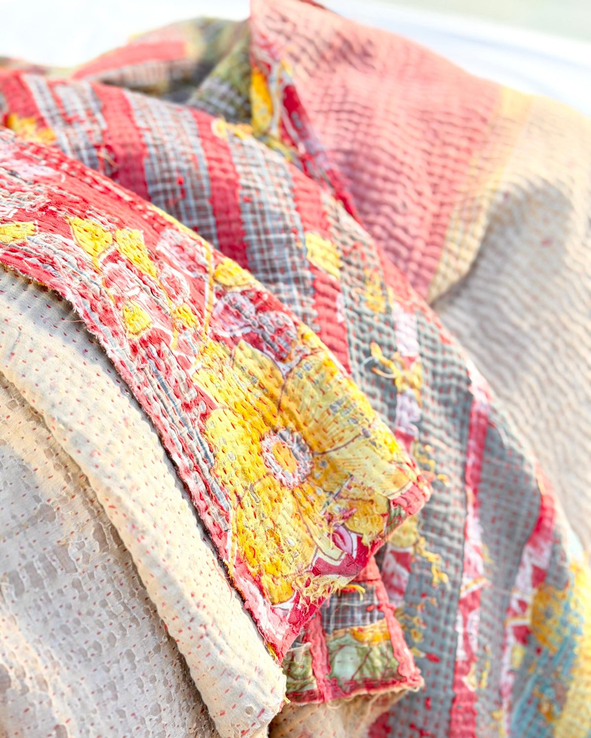 Extra Large Fine Stitched Vintage Kantha Quilt in Red and Yellow - Biggs & Hill