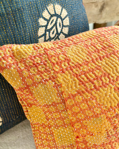 Vintage Kantha Cushion In Pink and Yellow - Small Rectangular