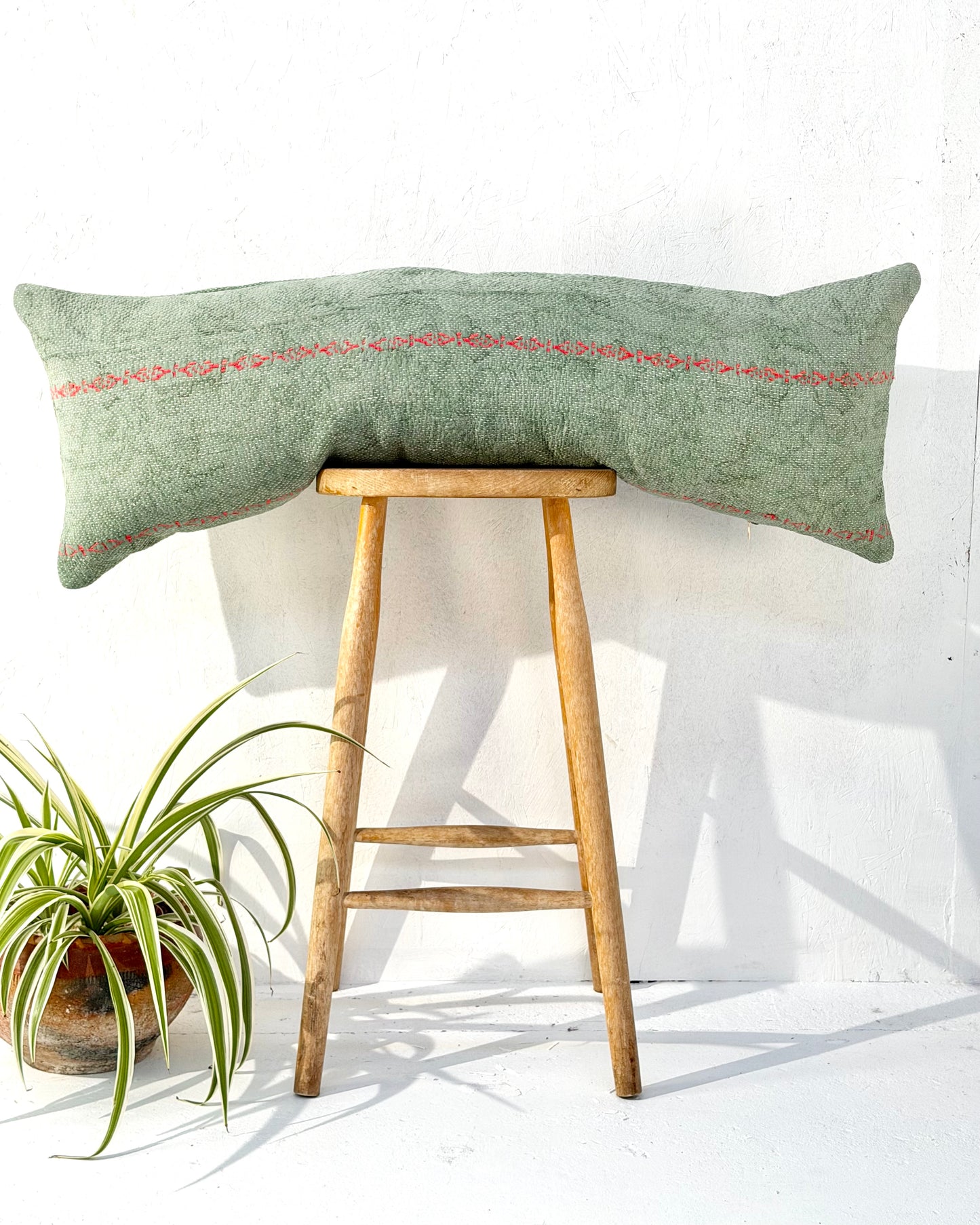 Vintage Kantha Bolster Cushion Cover In Green with Orange Embroidery - 100cm