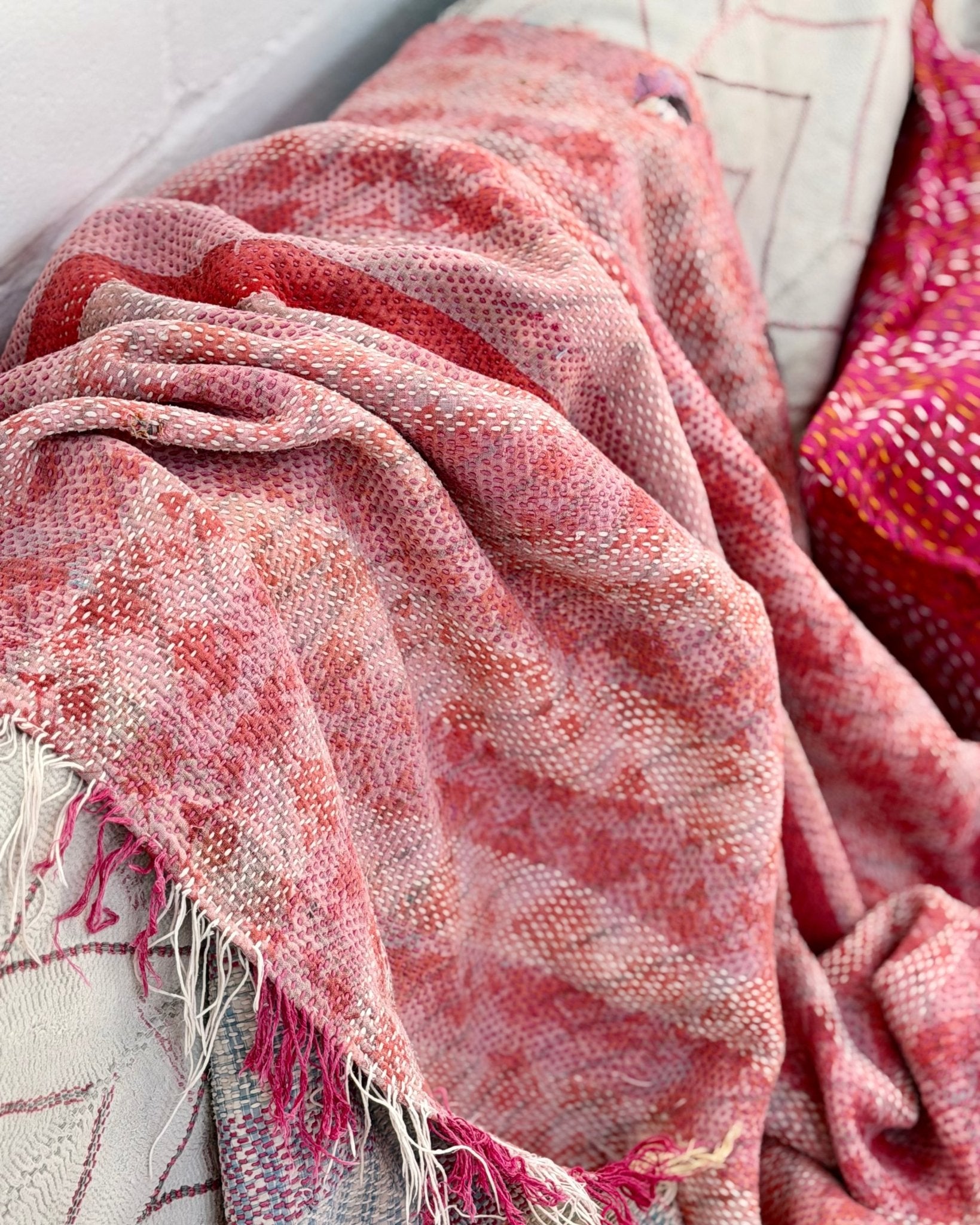 Heavy Kantha Blanket Quilt With Pink Stripes - Biggs & Hill