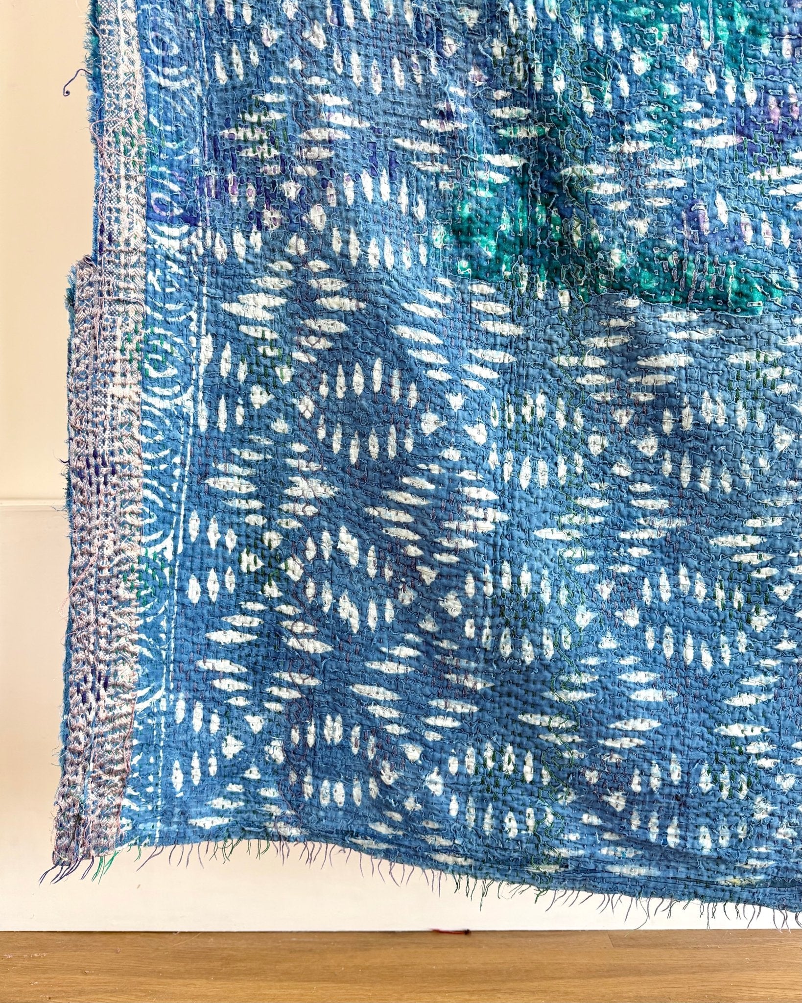 Project Kantha Quilt: Indigo Print With Authentic Aged Texture - Biggs & Hill