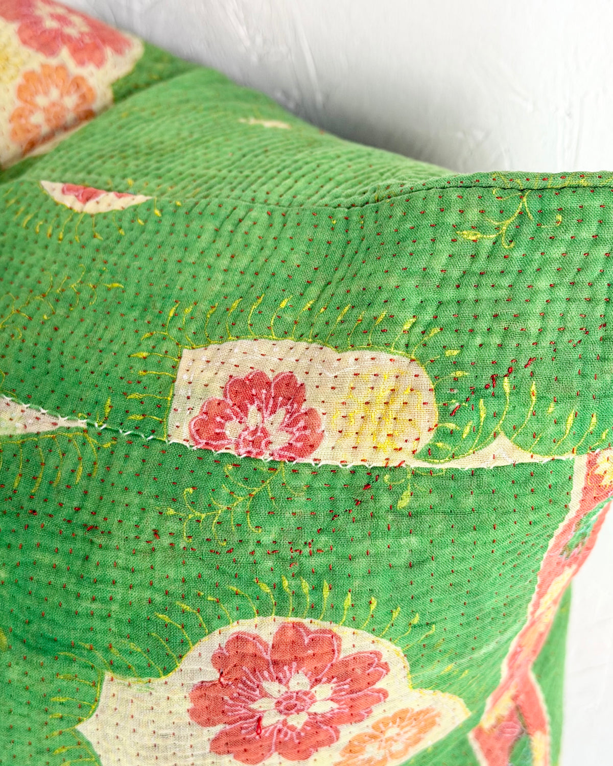 Handmade Vintage Kantha Cushion Cover In Green Floral - 45cm (18") Square