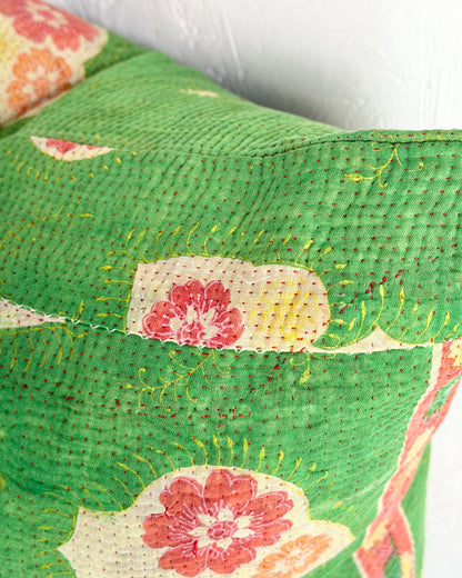 Handmade Vintage Kantha Cushion Cover In Green Floral - 45cm (18") Square