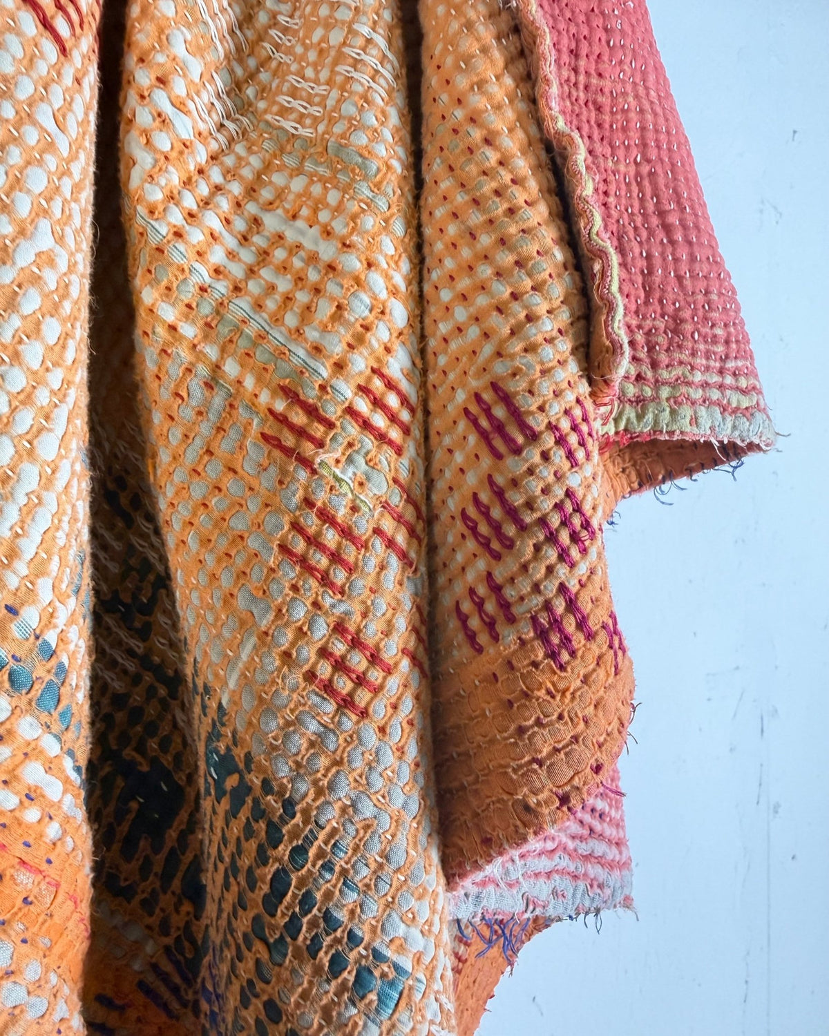 Fine Stitched Heavy Vintage Kantha Quilt in Soft Pink and Orange - FIRST picture - Biggs & Hill