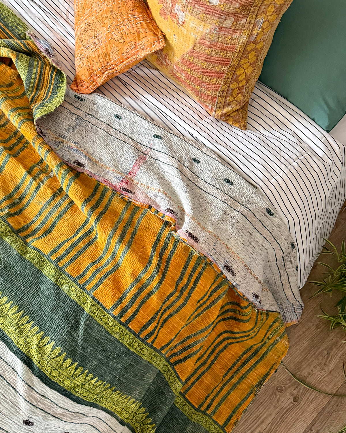 Textured Vintage Kantha Quilt In Orange, Green and White