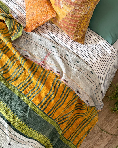 Textured Vintage Kantha Quilt In Orange, Green and White