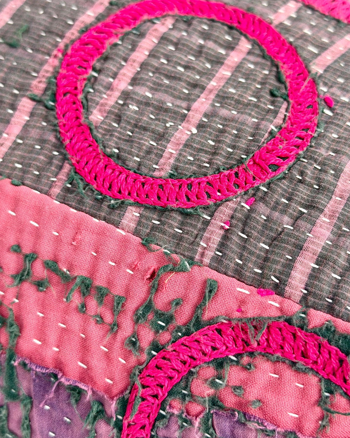 Large Square Kantha Floor Cushion Cover With Pink Circles