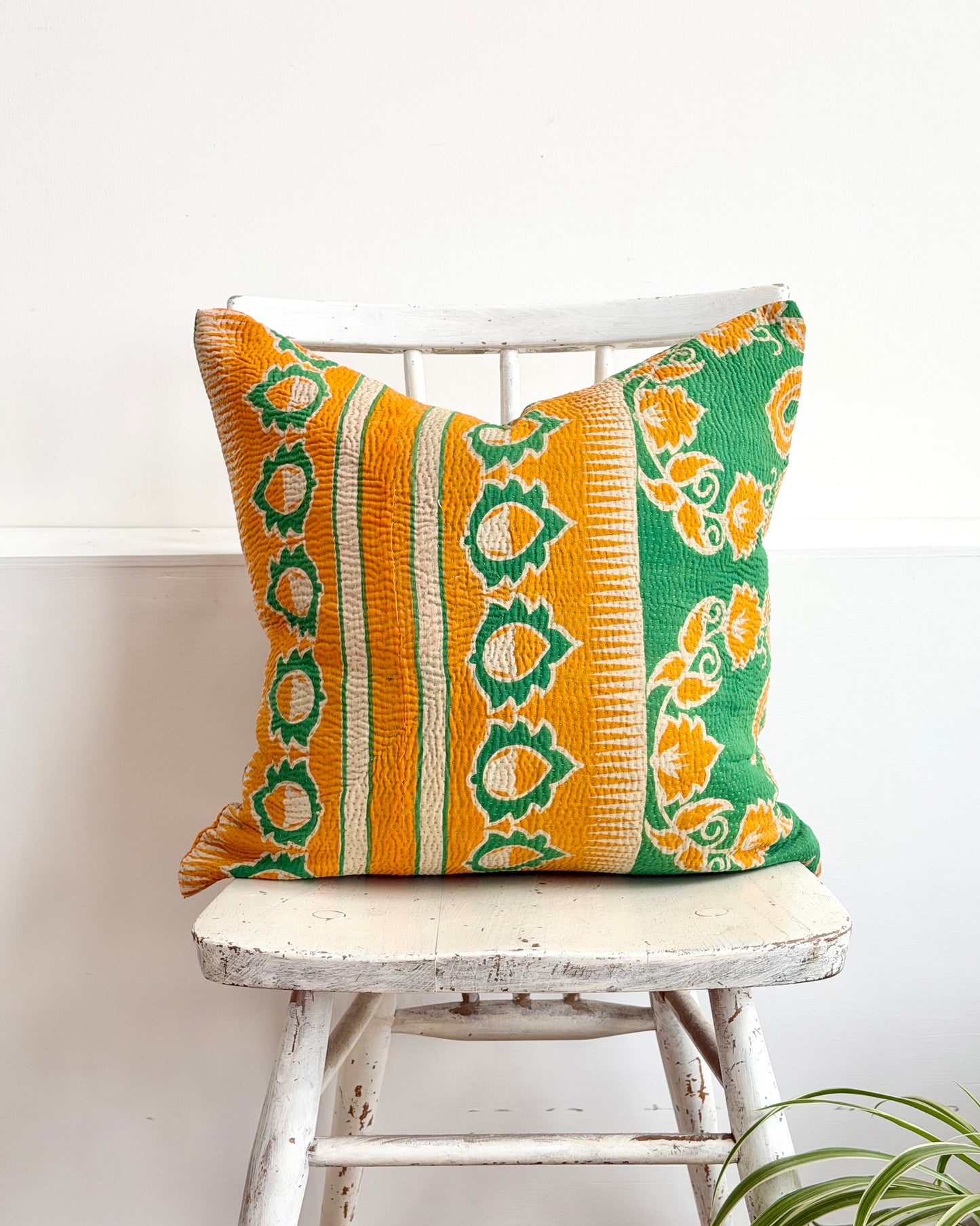 Vintage Kantha Cushion In Green and Orange- 45cm Square