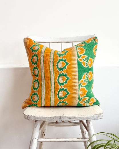 Vintage Kantha Cushion In Green and Orange- 45cm Square
