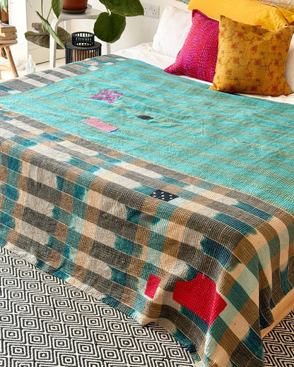 Extra Large Textured Vintage Kantha Quilt In Geometric Yellow, Black and Orange - Biggs & Hill