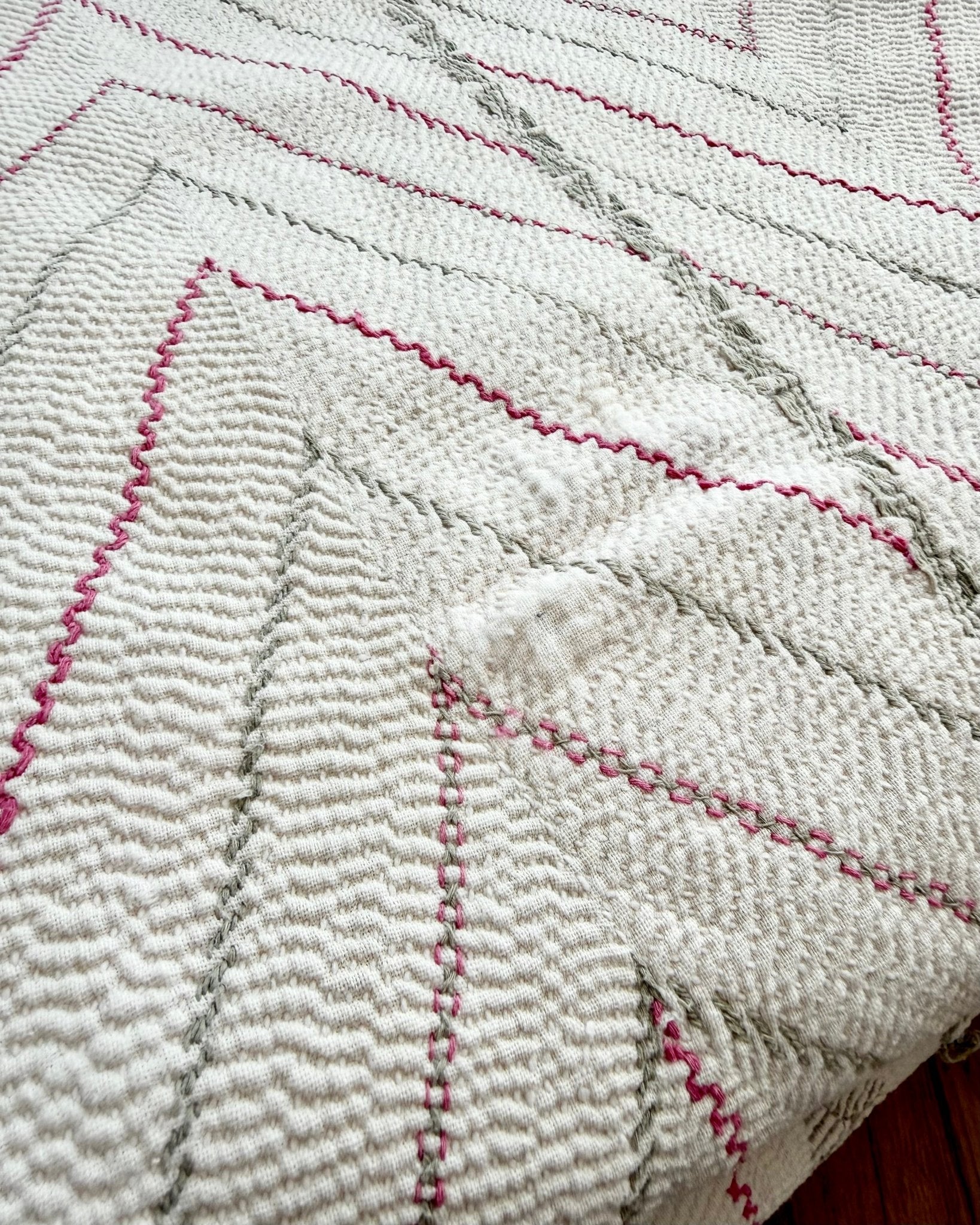 Large Antique Hand Embroidered White Nakshi Kantha From Bengal - Biggs & Hill