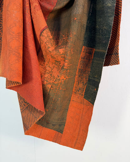 Ajrakh Printed Vintage Kantha Quilt In Orange And Green