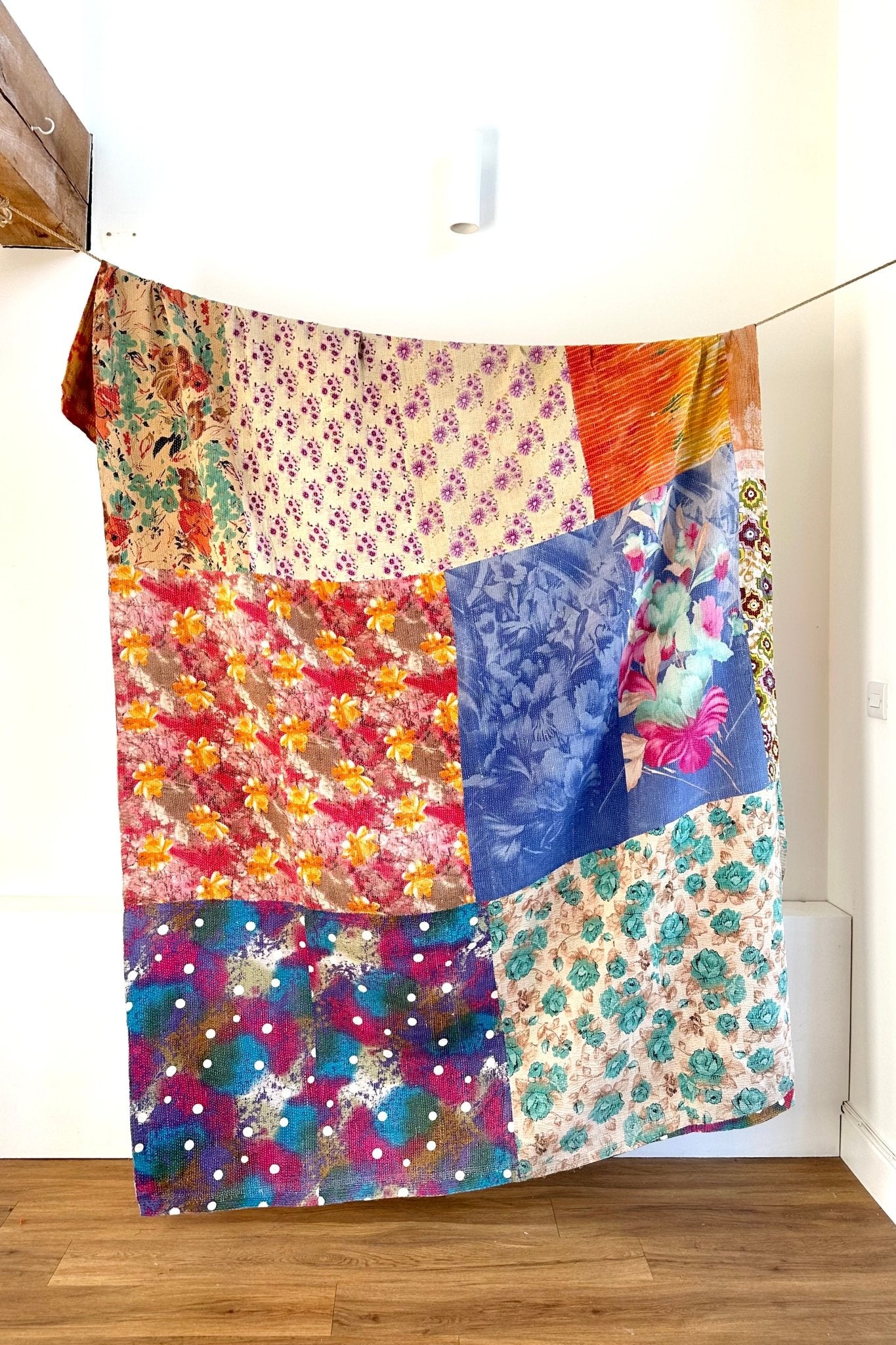 Fine Stitched Embroidered Vintage Kantha Quilt in Multicolour Print - Biggs & Hill
