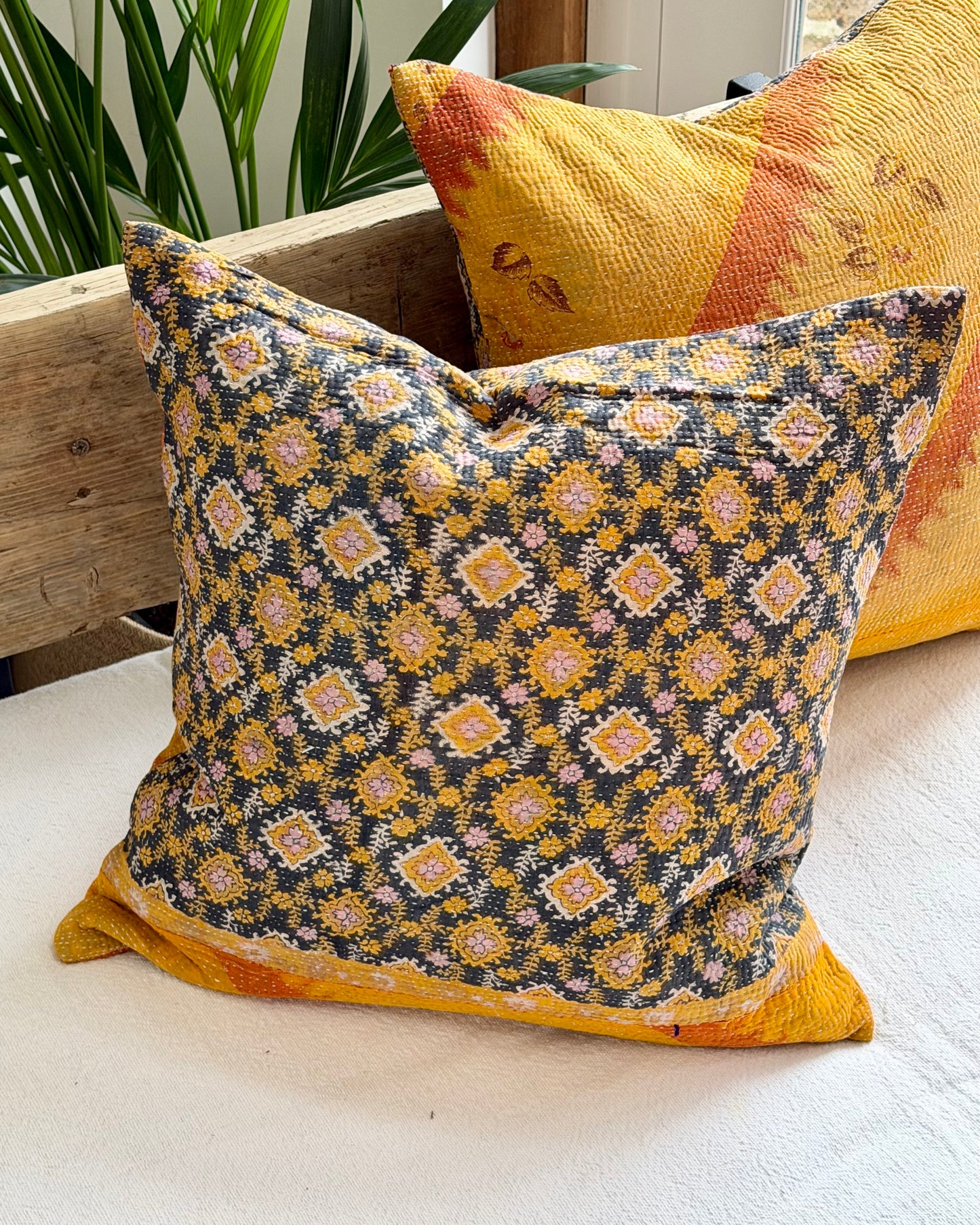 Vintage Kantha Cushion In Yellow and Blue - 45cm Square