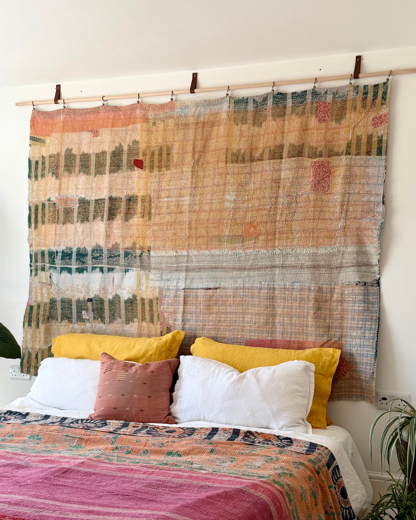 Large Textured Vintage Kantha Quilt in Pastel Pink and Blue