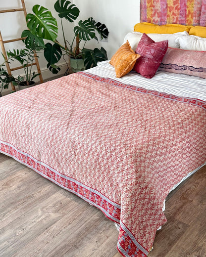 Large Fine Stitched Vintage Kantha Quilt in Bright Green and Red Floral - Biggs & Hill