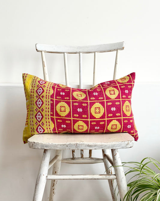Vintage Kantha Cushion In Lime Green and Pink - Small Rectangular