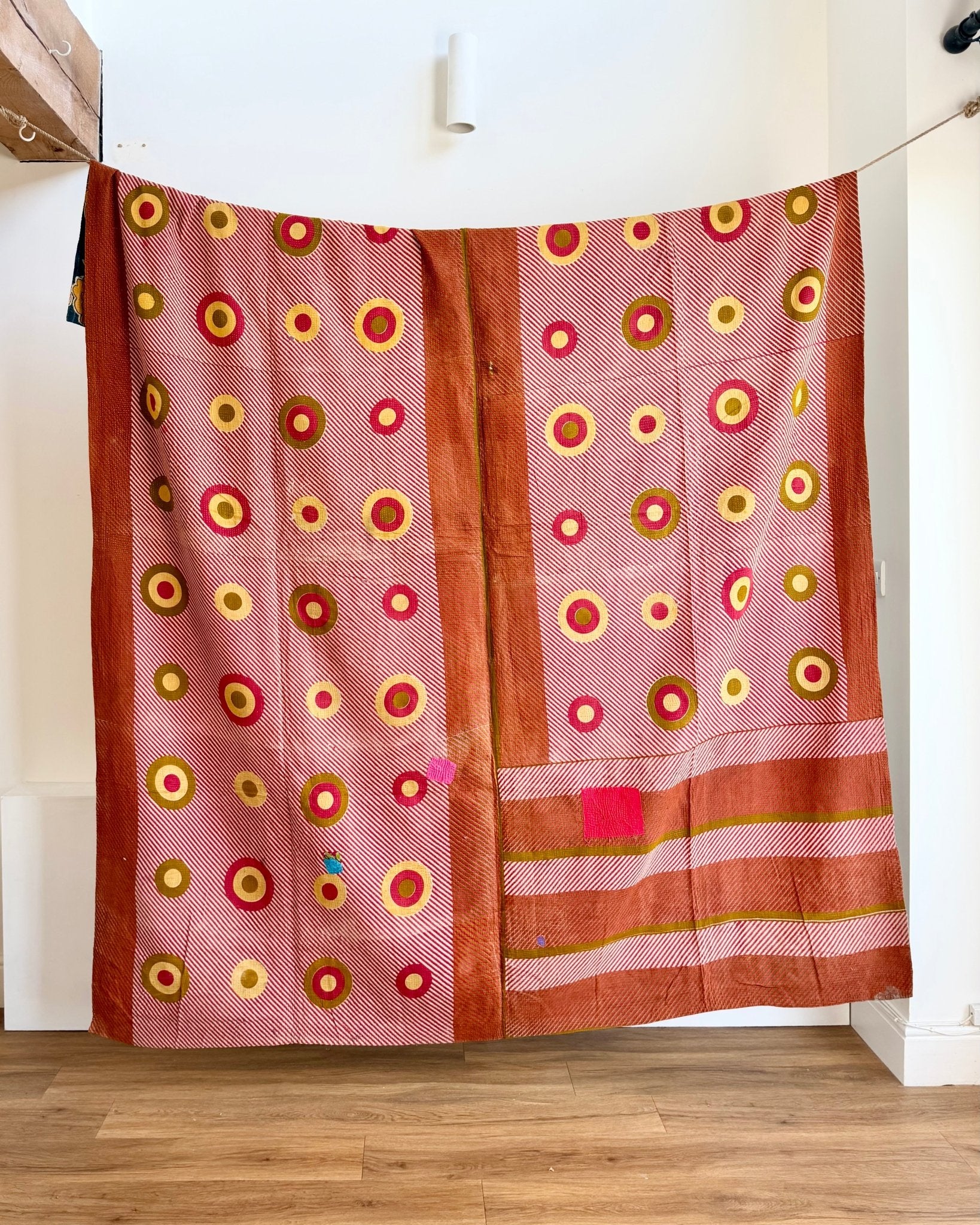Extra Large Fine Stitched Vintage Kantha Quilt With Pink Dots and Navy Blue Patterns - Biggs & Hill