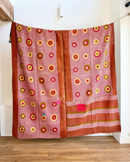 Extra Large Fine Stitched Vintage Kantha Quilt With Pink Dots and Navy Blue Patterns - Biggs & Hill