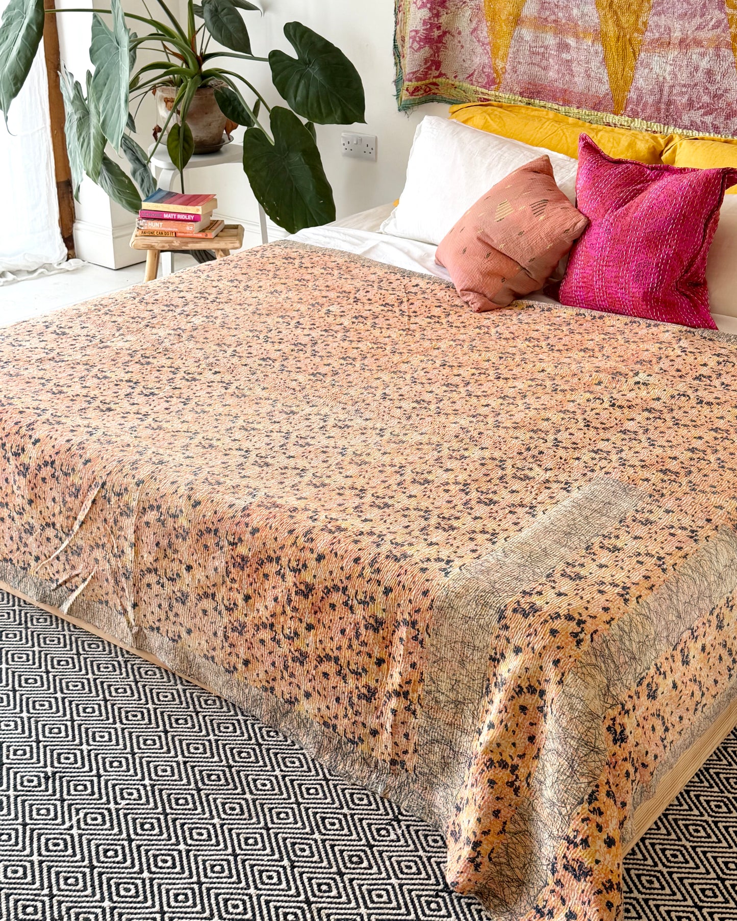 Extra Large Large Fine Stitched Vintage Kantha Quilt in Peachy Pink