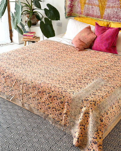 Extra Large Large Fine Stitched Vintage Kantha Quilt in Peachy Pink